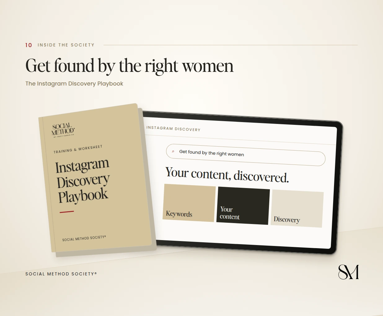 Get found by the right women cover: the Instagram Discovery Playbook beside a screen
