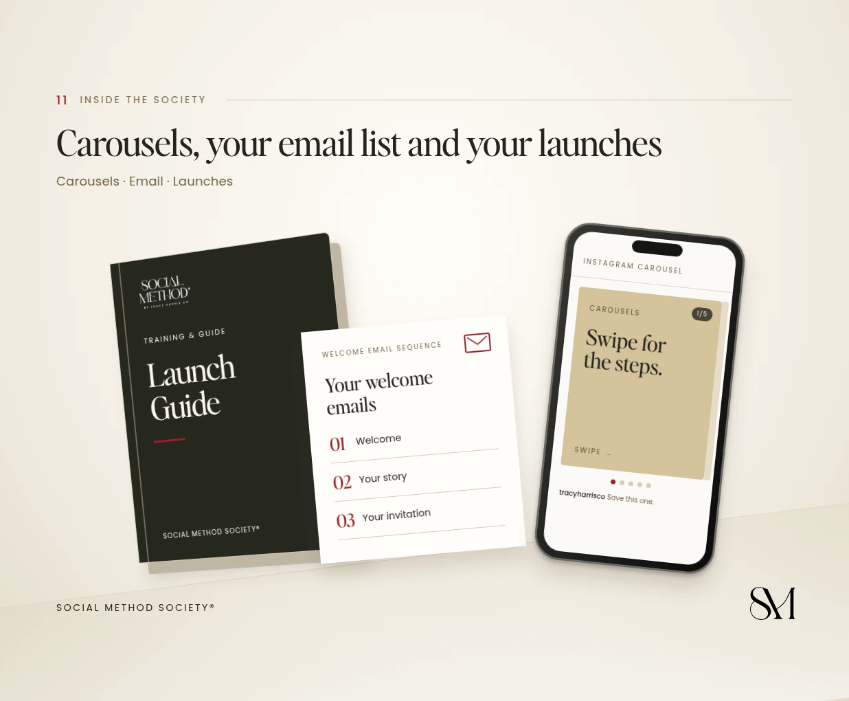 Carousels, your email list and your launches cover: a carousel post, an email sequence and the Launch Guide