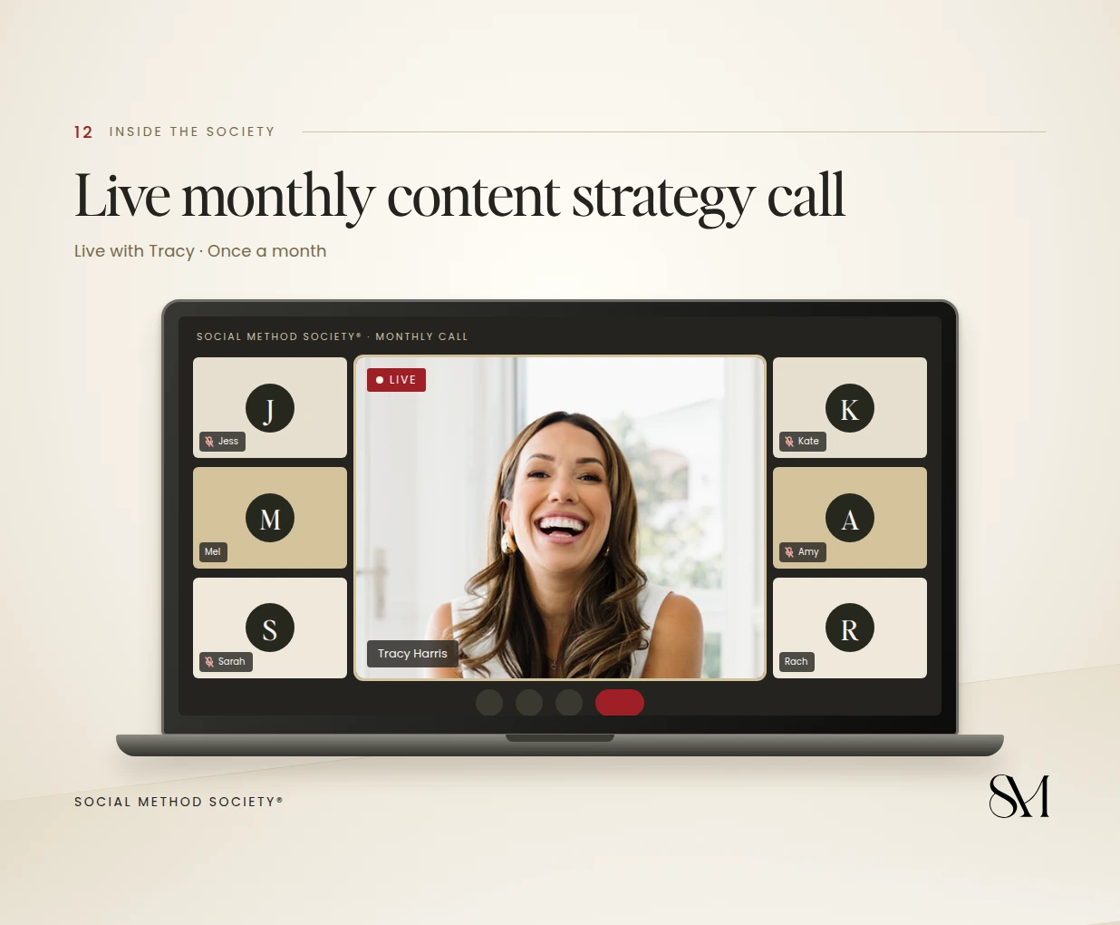 Live monthly content strategy call cover: Tracy on a video call, centred, with members around her