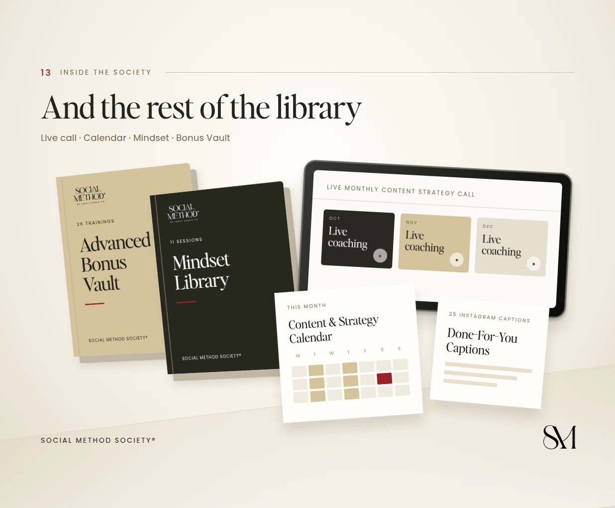 The rest of the library cover: the Mindset Library, Advanced Bonus Vault, monthly calendar and live coaching replays